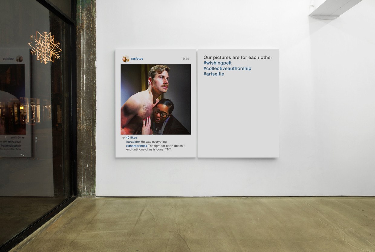 Backdrop for the Rebirth of the Collective Author, 2014Inkjet print on canvas, selfie stick, 66 × 99 inInstallation view, Share This! Appropriation After Cynicism, Denny Gallery, New York, 2015