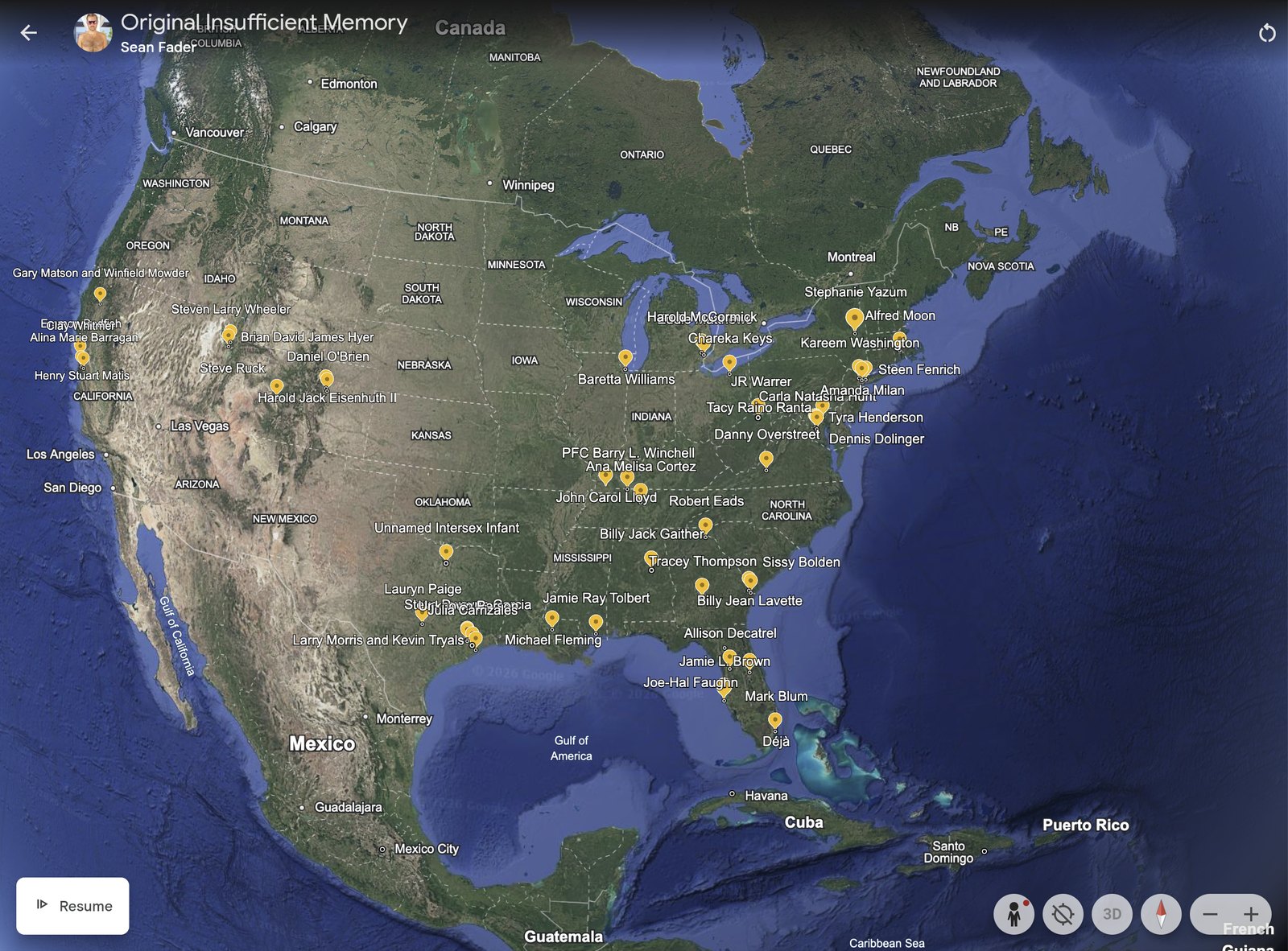 Insufficient Memory, interactive Google Earth tour with geo-markers for each victim