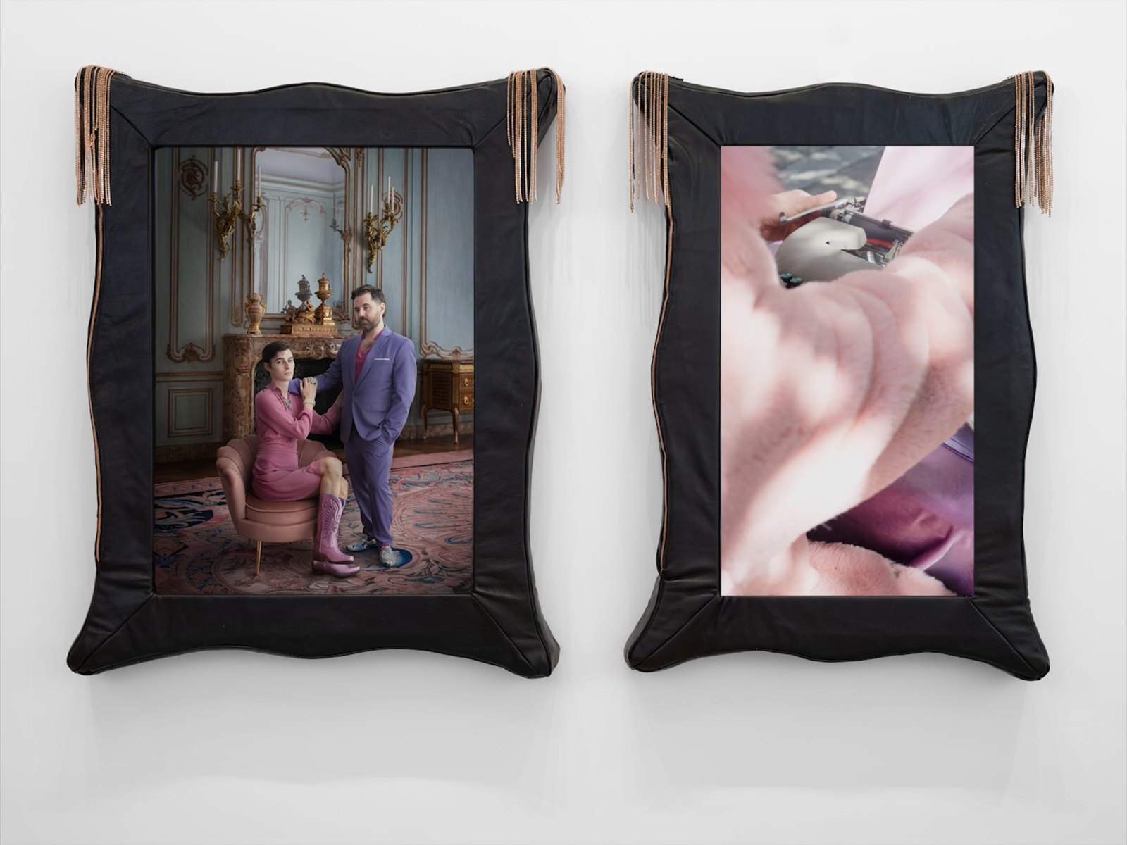 Sugar Daddy II, 2023Archival inkjet print, digital video, custom leather frames, 44 &times; 78 in